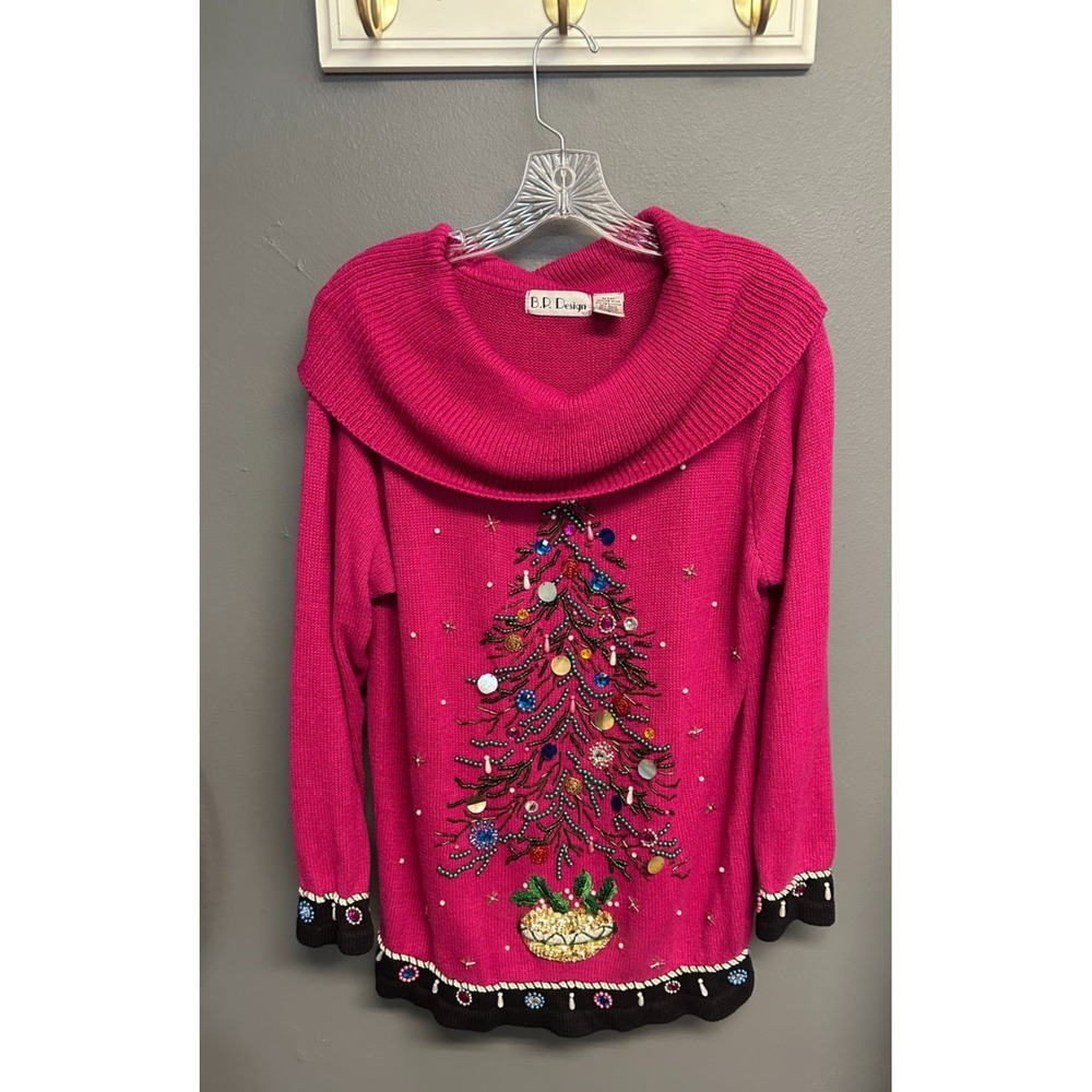 Vintage B.P. Design Christmas Womens L Sweater Pink Tree Beaded Knit Cowl Neck